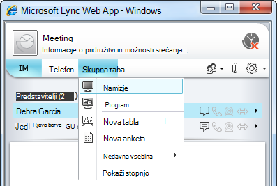 Meni »Skupna raba« spletnega programa Lync Web App