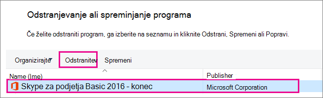 Na nadzorni plošči izberite Odstrani programe in nato izberite Skype za podjetja