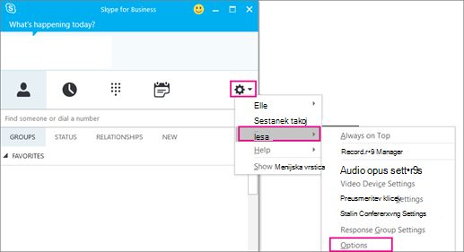 V Skype za podjetja izberite ikono Orodje in nato Možnosti orodij >