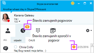Dostop do zamujenih sporočil na strani za neposredna sporočila v programu Skype za podjetja