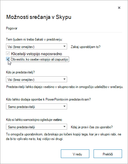 Meeting options dialog with announce when people enter or leave highlighted