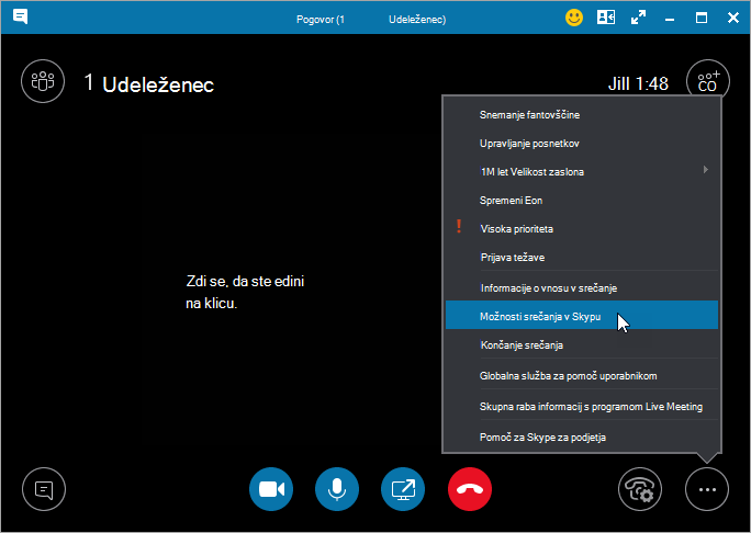 More dialog with Meeting Options highlighted