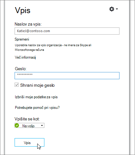 Posnetek zaslona, ki prikazuje, kje vnesti geslo na zaslonu za vpis v Skype za podjetja.