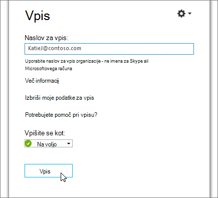 Posnetek zaslona, ki prikazuje gumb za vpis na zaslonu za vpis v Skype za podjetja.