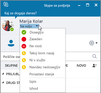 Posnetek zaslona okna Skypa za podjetja z odprtim menijem »Stanje«.