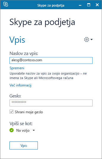 Posnetek zaslona za vpis v Skype za podjetja.