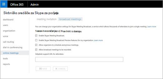Skrbniško središče za Skype za podjetja