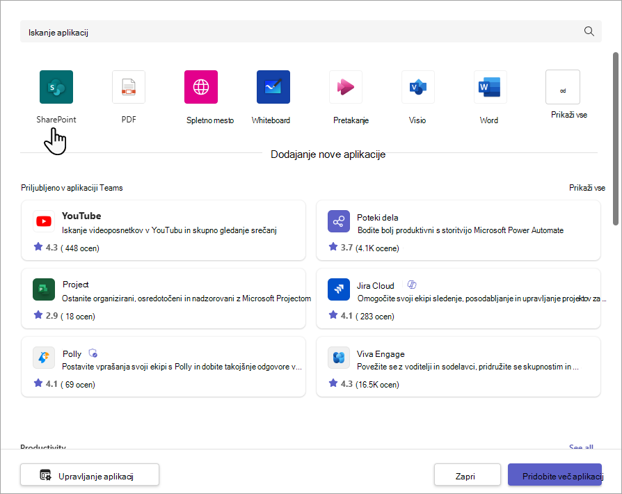 Pogovorno okno Dodajanje zavihka SharePoint.