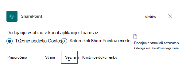Izberite Seznami, da dodate sezname v kanal aplikacije Teams.