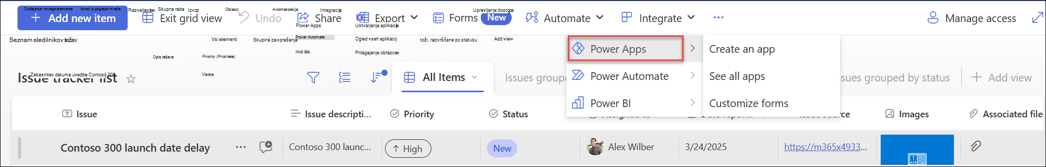 Slika menija Power Apps z izbrano možnostjo »Ustvari aplikacijo«