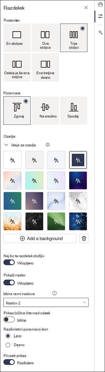 Podokno z lastnostmi odseka z omogočenimi nastavitvami, ki jih je mogoče strniti