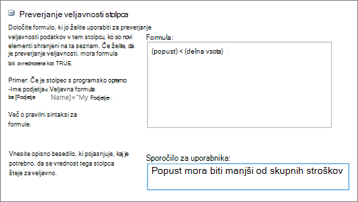 Pogovorno okno preverjanja veljavnosti stolpcev s polji, izpolnjenimi z vzorčnimi podatki