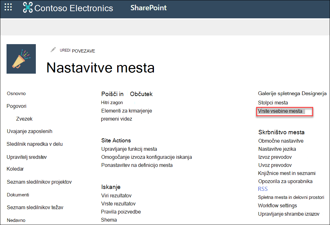 Možnost Vrste vsebine mesta v pogovornem oknu Nastavitve mesta.