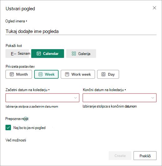 V pogovornem oknu Ustvari pogled dodajte nastavitve koledarja.