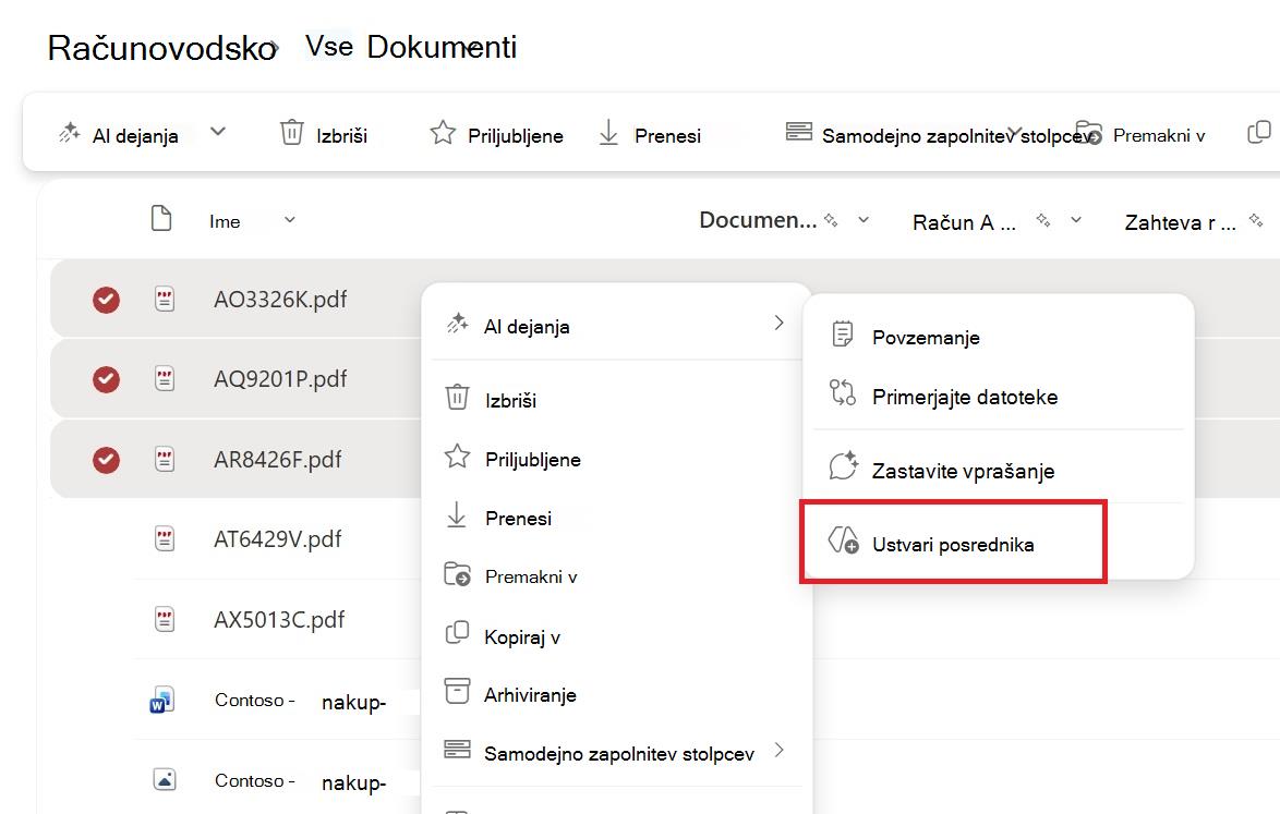 Posnetek zaslona prikazuje gumb za ustvarjanje posrednika iz priročnega menija za izbiro datoteke ali mape