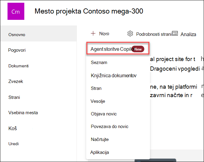 Posnetek zaslona ustvarjanja novega agenta storitve Copilot z domače strani spletnega mesta