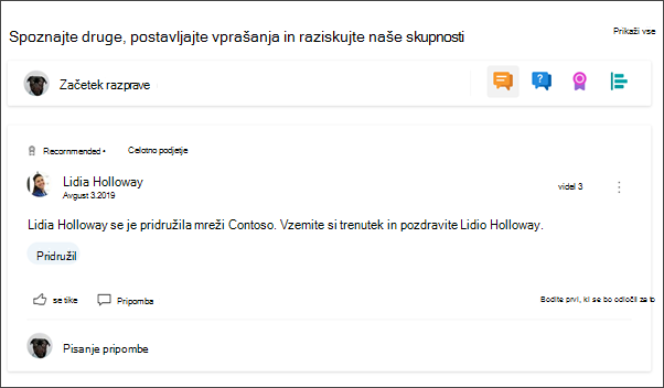 Slika spletnega gradnika Yammer na spletnem mestu oddelka