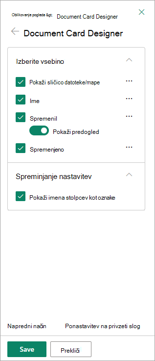 V oknu Document Card Designer lahko nastavite, kaj želite prikazati na posamezni kartici.