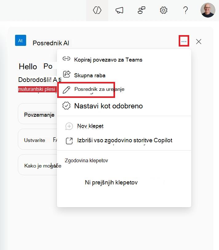 Posnetek zaslona menija za urejanje SharePointovega posrednika s stranske prikolice