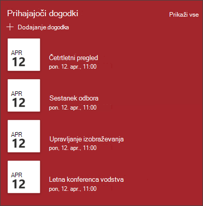 Posnetek zaslona spletnega gradnika za dogodke