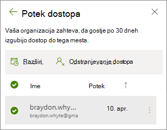 Posnetek zaslona možnosti razširitve in odstranitve dostopa za dostop gostov pred potekom
