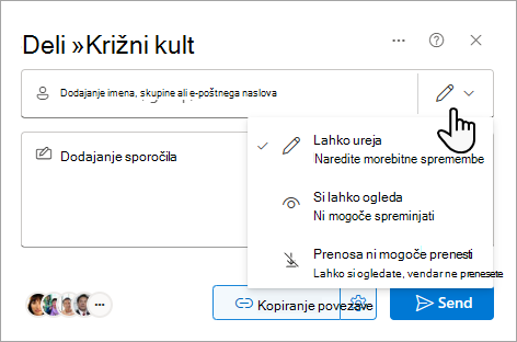 V pogovornem oknu Skupna raba so prikazane možnosti za datoteko v skupni rabi.