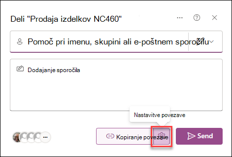 Posnetek zaslona polja z nastavitvami povezave, ki prikazuje vse možnosti, ki so na voljo za skupno rabo povezav.