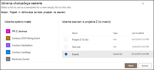 Izbira obstoječega seznama