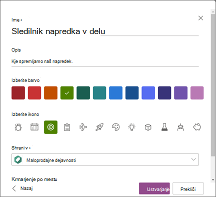 Posnetek zaslona, na katerem je prikazano vnašanje imena seznama in izbiranje SharePointovega mesta kot mesta za shranjevanje seznama med ustvarjanjem seznama
