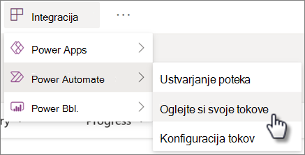 Ukaz »Ogled pretokov« v meniju »Integrirajte Power Automate« za seznam