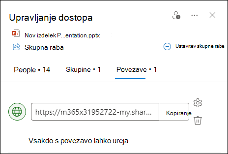 Posnetek zaslona, na katerem je prikazano pogovorno okno za upravljanje dostopa z odprtim zavihkom »povezave«.