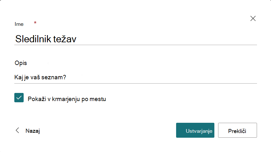 Pogovorno okno za vnos imena in opisa novega seznama