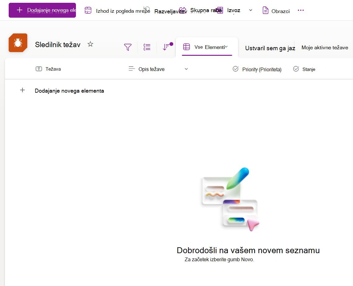 Posnetek zaslona novega seznama, ustvarjenega iz predloge sledilnika težav