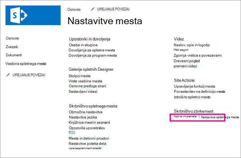 Pojdi na nastavitve spletnega mesta na najvišji ravni