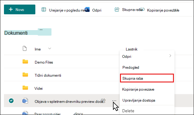 Omogočite skupno rabo dokumenta v SharePointovi knjižnici