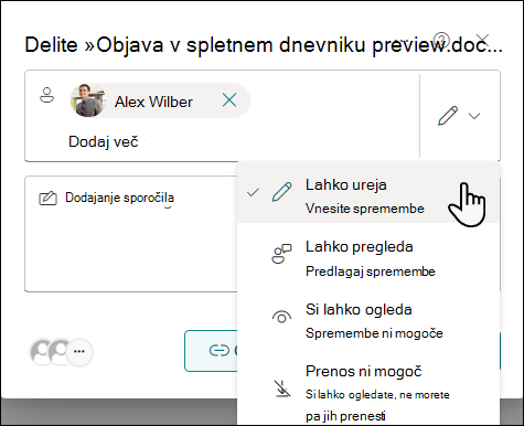 Izberite nastavitev dovoljenja za ljudi, ki so prejeli povabilo za uporabo dokumenta v skupni rabi
