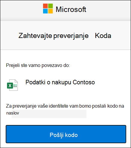 Okno z zahtevo za kodo za zunanjo skupno rabo v storitvi OneDrive