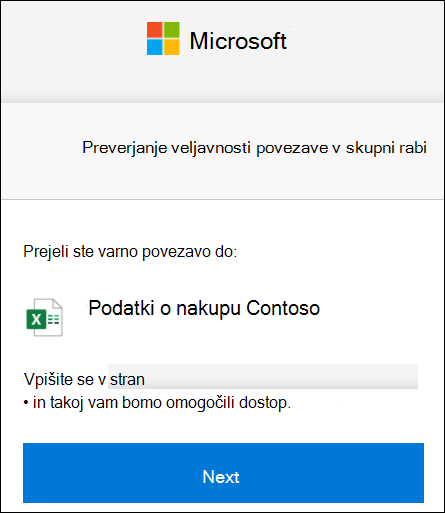 Preverjanje povezave za zunanjo skupno rabo v storitvi OneDrive za vpis.