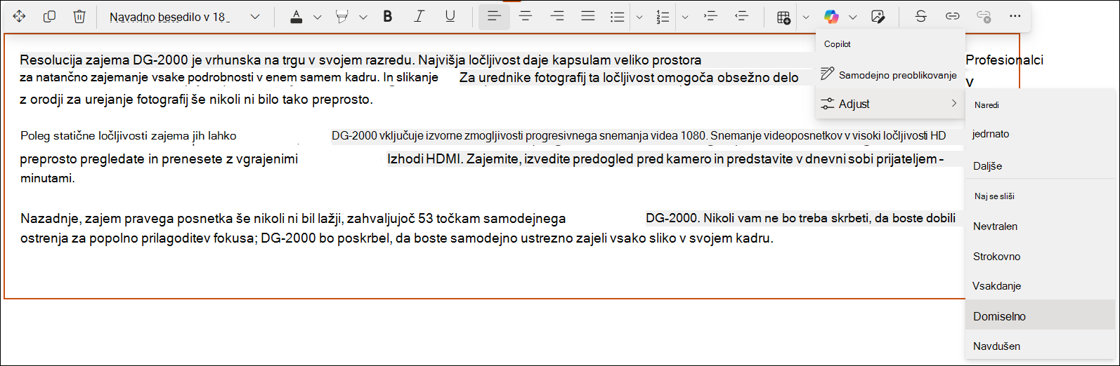 Posnetek zaslona hitrega vpogleda storitve Copilot v urejevalniku SharePoint