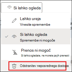 Posnetek zaslona dovoljenj za skupno rabo z označeno možnostjo odstranitve neposrednega dostopa.