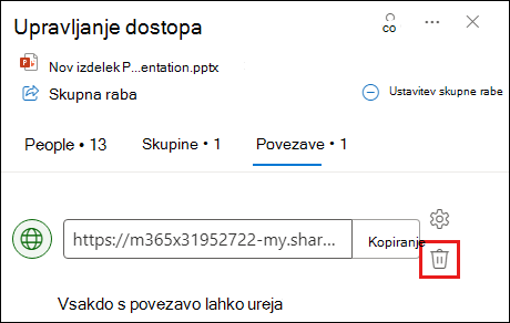 Posnetek zaslona, na katerem je prikazano pogovorno okno za upravljanje dostopa z odprtim zavihkom »Povezava«. Gumb »Odstrani povezavo« je označen.