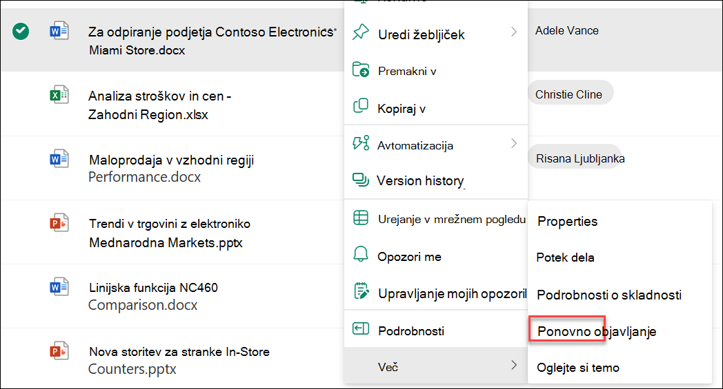 Posnetek zaslona vnovične objave glavne različice