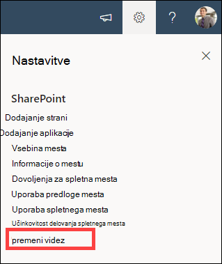 Možnost »Nastavitve«, ki je odprta z označeno možnostjo »Spremeni videz«.
