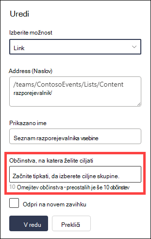 Ciljne skupine za ciljno polje so označene.