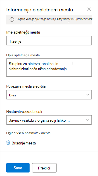 Možnosti nastavitev informacij o mestu za spletno mesto skupine.