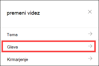 Podokno za spremembo videza z izbranimi možnostmi glave.