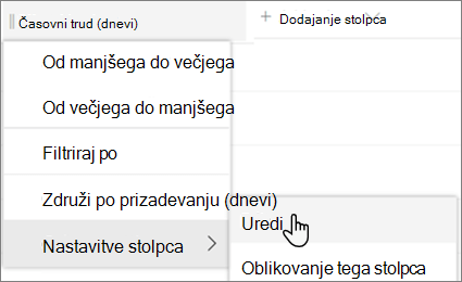 Podokno »Urejanje stolpca« v SharePointu z izbrano možnostjo »Izbriši«