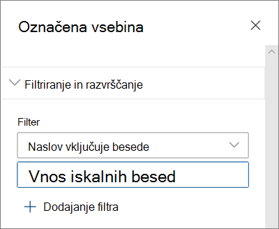 Možnosti filtra za spletni gradnik »Označena vsebina« v sodobni SharePointovi izkušnji