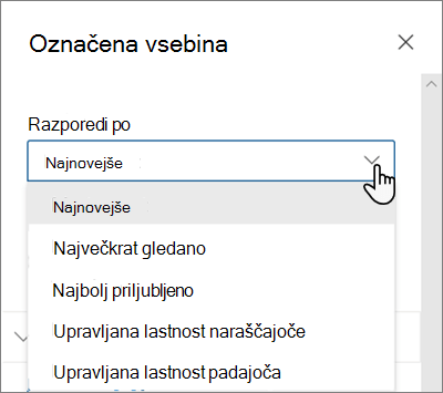 Možnosti »Razvrsti po« za spletni gradnik »Označena vsebina« v sodobni SharePointovi izkušnji