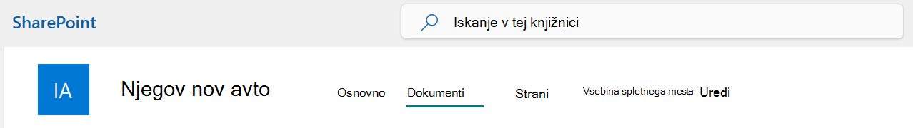 Meni zgornje vrstice SharePointovega mesta z izbrano možnostjo Dokumenti.